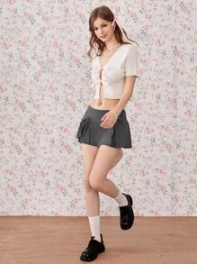 SHEIN Unity 女士时尚低腰甜美纯色蝴蝶结迷你裙 Y2K风 - 灰色 - 查看 7