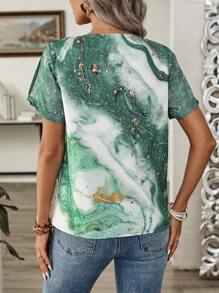 SHEIN LUNE Women's V-Neck Marble Ocean Print Casual Summer Blouse - Green - View 2