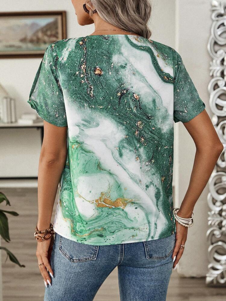 Women's V-Neck Marble Ocean Print Casual Summer Blouse