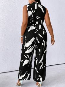 SHEIN Clasi Plus Size Summer Fashion Random Printed Stand Collar Sleeveless Wide Leg Jumpsuit - Black - View 2