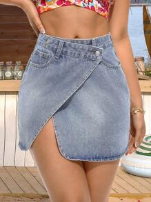 Breezaya Jupe en denim à taille haute asymétrique pour femmes avec fente latérale, décontractée - Bleu azur - Voir 3