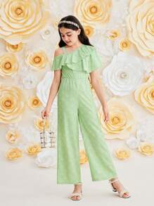 SHEIN Tween Girl's Beach Holiday Plaid Asymmetrical Neck Jumpsuit With Ruffle Hem - Green - View 3