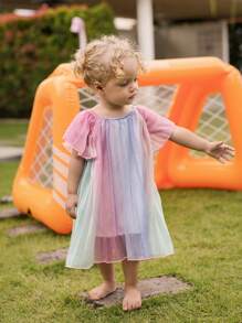 Baby Girls Sweet And Dreamy Gradual Color Mesh Dress With Pleats For Spring And Summer - Multicolor - View 5