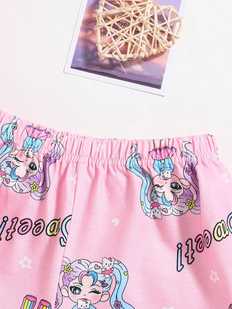 Young Girl Summer Cartoon Print Casual Flame-Resistant Pajama Set With Short-Sleeve Top And Shorts