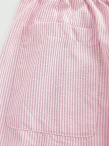 ROMWE Casual Loose Straight Pants For Women, Striped Tie Waist Linen Trousers For Home And Daily Wear, School - Pink - View 3