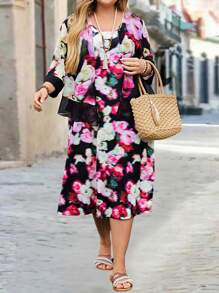 EMERY ROSE Plus Size Women's Loose Fit Flower Print Shirt And Skirt Two Pieces Set, Spring/Summer Mother's Day - Red Violet - View 1