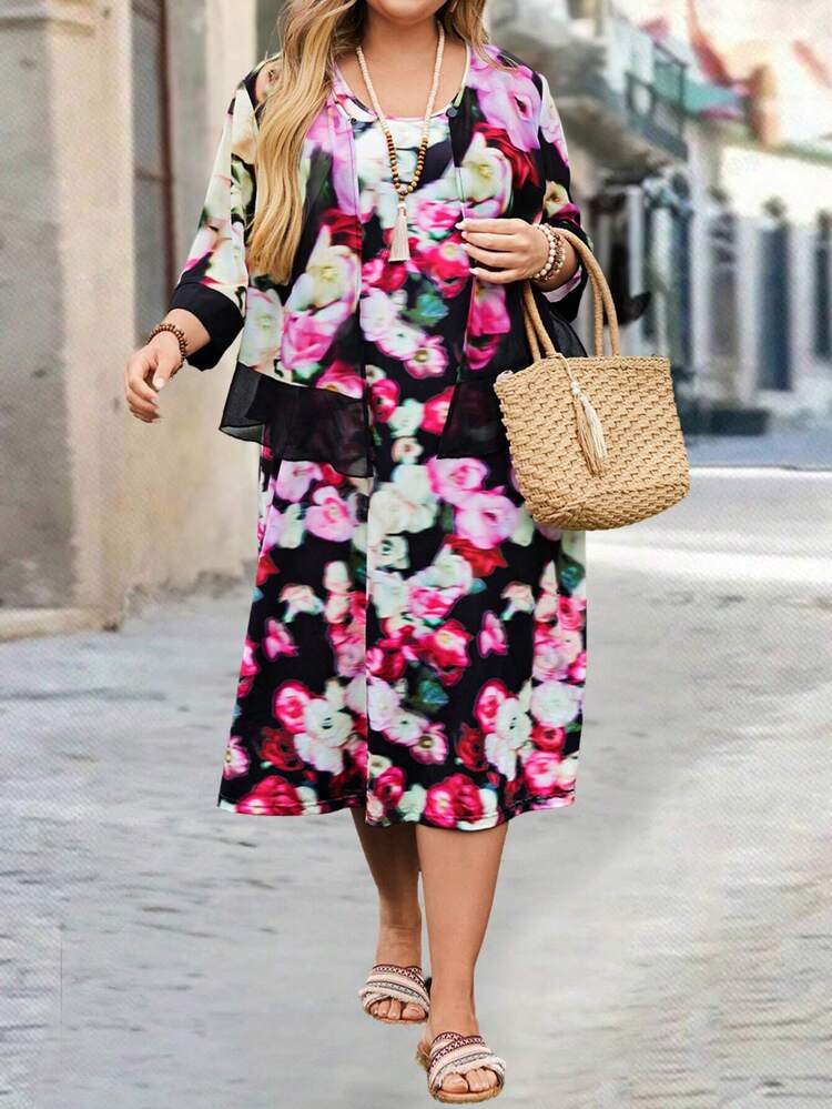 Plus Size Women's Loose Fit Flower Print Shirt And Skirt Two Pieces Set, Spring/Summer Mother's Day