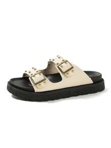 Beige Women Platform Wedge Heel Studded Slip-On Sandals