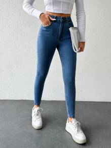 SHEIN PETITE 女式斜口袋修身牛仔褲 - 藍色 - 查看 5