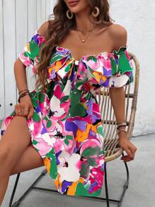 Breezaya Vestido con volantes en los hombros y borde, efecto tie-dye, con cinturón anudado, para vacaciones y playa, para mujeres