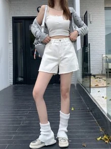 DAZY 女士口袋拼接毛邊休閒牛仔短褲 - 白色 - 查看 2