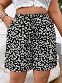 SHEIN VCAY Quần short màu đen thông thường dành cho kỳ nghỉ có kích thước lớn với hoa nhỏ Ditsy - Đen và trắng - Xem 5