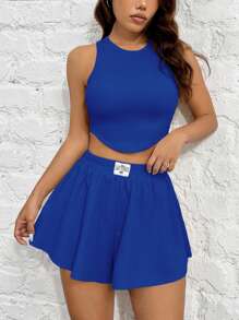 SHEIN EZwear Ensemble pour femmes tricoté en coupe ajustée de couleur bleu royale - bleu indigo - Voir 3