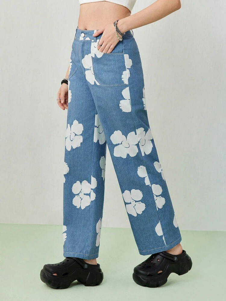 Women's Summer Denim Blue Floral Print Loose Straight Pants