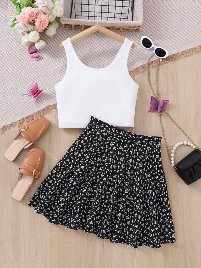 SHEIN Teen Girl Knit U-Neck Tank Top And Woven Ditsy Floral Skirt Casual 2pcs/Set