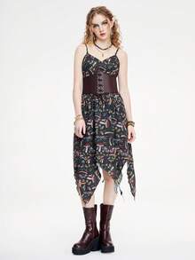 ROMWE Hippie Gaun Slip Gaya Liburan Wanita dengan Motif Bunga Botanikal dan Hem Asimetris - MultiWarna - View 6