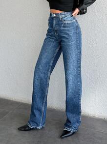SHEIN Cottnline Women's High Waist Pockets Straight Leg Casual Versatile Jeans - Blue - View 6