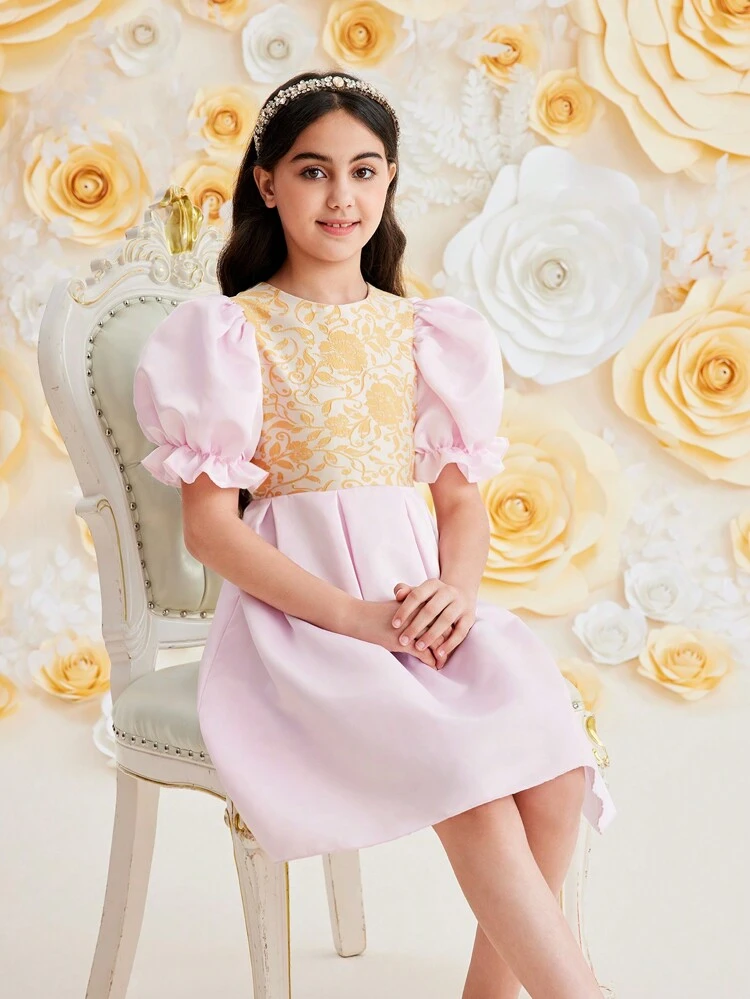 Tween Girl Elegant Jacquard Patchwork Puff Sleeve Cinched Waist Dress For Summer