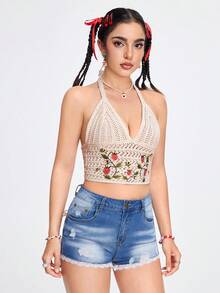 ROMWE Fairycore Áo dệt kim không tay thêu hoa quả với thiết kế hở lưng, giản dị - Màu be - Xem 4