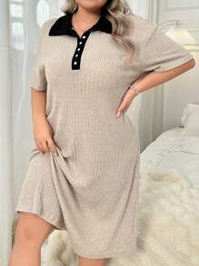 Color-Blocked Collar Half Placket Shirt Dress, Plus Size, Short Sleeved Sleepwear