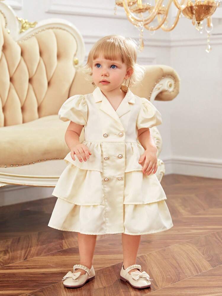Baby Girl Gorgeous Elegant Satin Solid Color Suit Collar Puff Sleeve Ruffle Trim Layered Dress