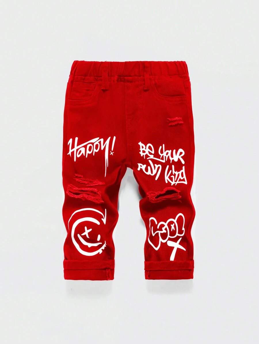 SHEIN Baby Boys' Casual Loose Mid-Waist Printed Straight Leg Jeans With Rubber Print - Red - View 1