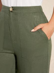 SHEIN Clasi Elegantes pantalones verde oliva con aberturas laterales rectos para mujer - Verde Oliva - Ver 5