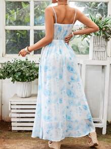 SHEIN VCAY Floral Print Ruched Cami Blue Dress - Blue - View 2