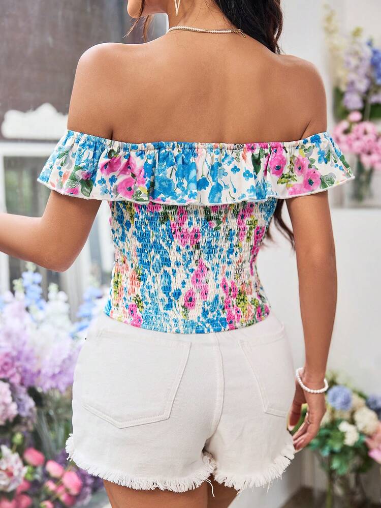 Women's Printed Tie Strap, Off-Shoulder, Ruffled Blouse With Pleats On Both Sides Summer Tops