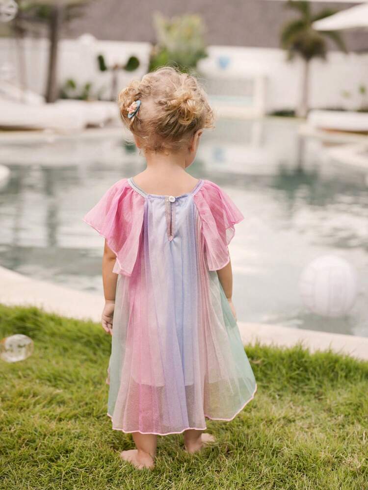 Baby Girls Sweet And Dreamy Gradual Color Mesh Dress With Pleats For Spring And Summer