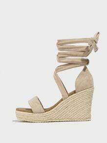 女士時尚編織高跟楔形厚底涼鞋，高跟防水平臺踝帶露趾涼鞋 - 杏色 - 查看 4