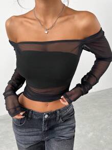 SHEIN EZwear Áo lưới dài tay xuyên thấu màu trơn dành cho nữ - màu đen - Xem 3