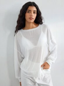 Ocili Leisure Women's Daily Simple Solid Color Long Sleeve Home Clothes Top - White - View 5