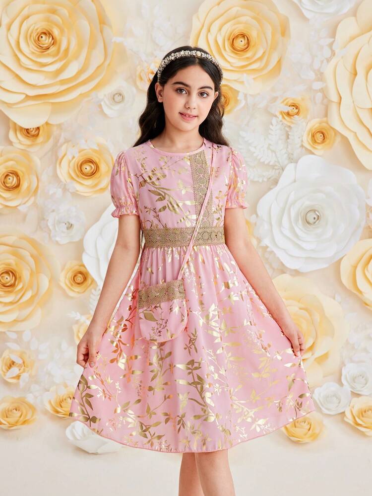 Tween Girl Fashionable Elegant Gold Printed Summer Dress