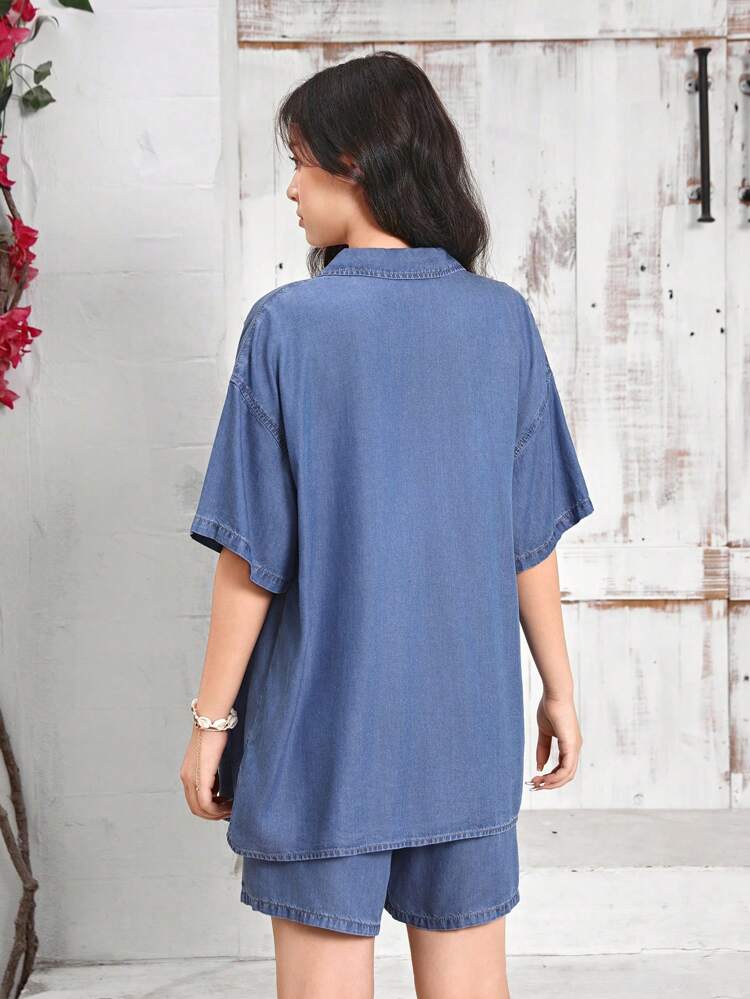 Teen Girl Denim Short Shirt & Shorts Jean Two Pieces Set For Summer Denim Effect