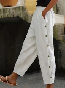 Breezaya Women's Plain Button Decoration Casual Pants With Pockets - Apricot - View 1