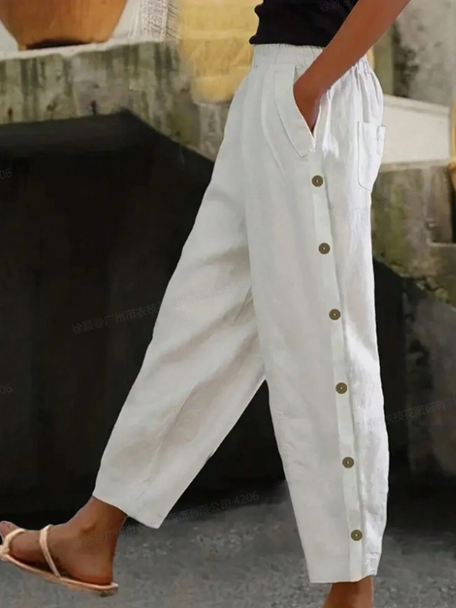 Breezaya Women's Plain Button Decoration Casual Pants With Pockets - Apricot - View 1