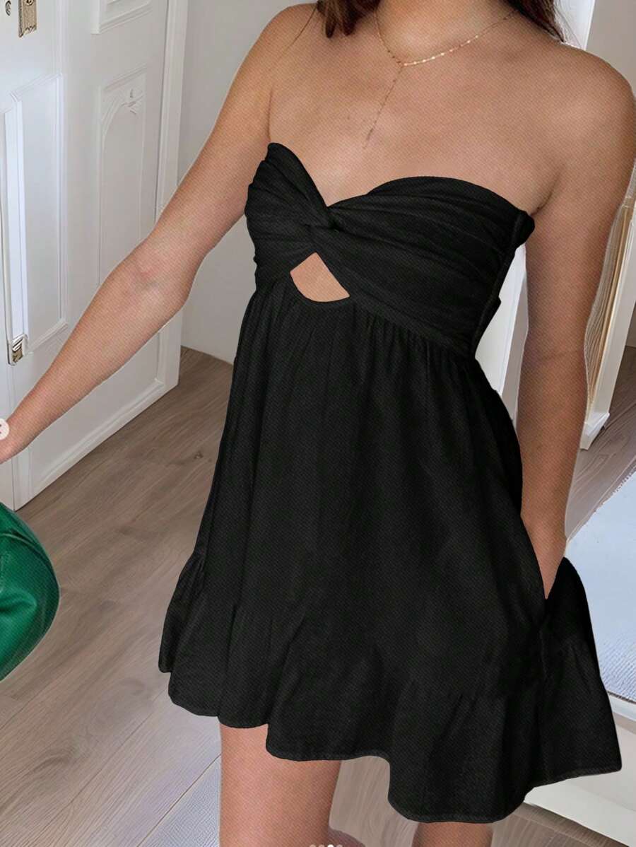 SHEIN EZwear Schwarzes schulterfreies, gewobenes Urlaubskleid für Damen - Schwarz - Übersicht 1