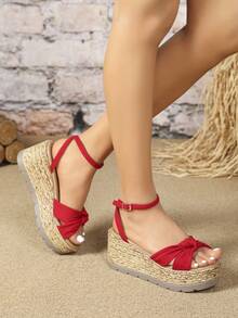 Fashionable Women Beach Sandals, Beaded Ankle Strap Wedge Heel Sandals - Red - View 3