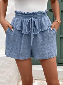 SHEIN Frenchy Exquisite Vertical Grain Crape, Plain Simple Daily Bow Tie Hem Shorts, Summer Vacation Season, Comfy, Boho, Beach Women Outfits, Swimwear Cover Up, Mother Day Dress, Mom, Fashion, Grad Dress, Elegant Teacher, Leisure, Long Summer Dress, Simple Daily, Cottagecore