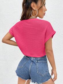 SHEIN EZwear Batwing Sleeve Textured Khaki Tee - Hot Pink - View 2