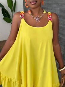 SHEIN CURVE+ Plus Size Casual Yellow Chain Strap A-Line Summer Dress Boho Vacation - Yellow - View 5