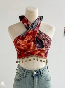 Soleia WYWH Women Vacation Style Brown Color Paisley Bohemian Print Cross Front Tie Neck Decorative Metal Copper Tassel Hem Camisole - Multicolor - View 1