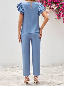 SHEIN Clasi Women's Round Neck Short Sleeve Shirt With Ruffle Trim And Detachable Belted Pants, 2pcs/Set
