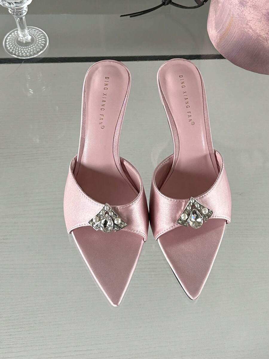 Sandálias de Salto Alto com Pedrarias de Luxo para Mulheres, Chinelos Estilo Europeu e Americano de Salto Agulha com Ponta Aberta para o Verão - Rosa - Ver 1