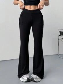 SHEIN EZwear 女式修身黑色工装喇叭裤 - 黑色 - 查看 6