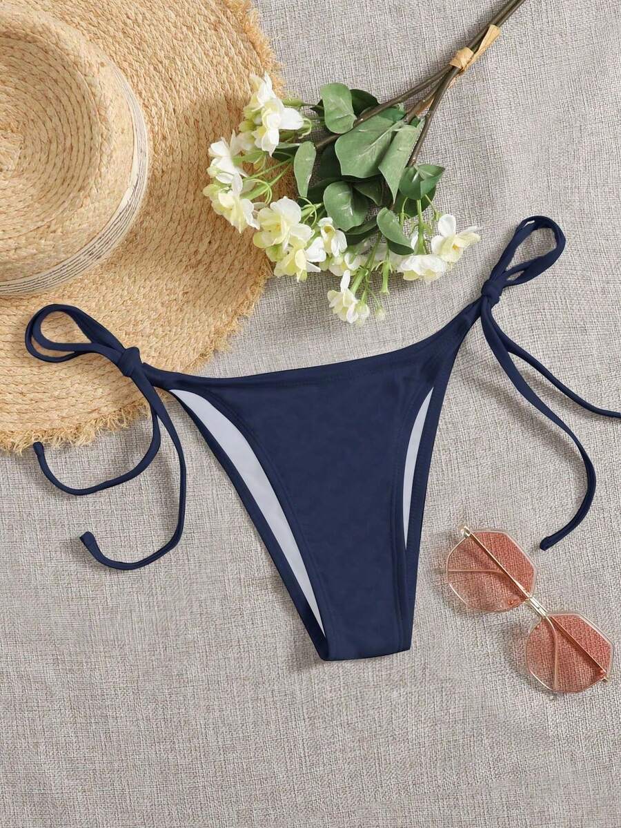 SHEIN Swim 女性純色綁帶沙灘泳衣底褲,適用於游泳和日光浴 - 藏蓝色 - 查看 1