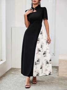 Modelyn Women's Cheongsam Collar Printed Patchwork Elegant Party Dress, Summer Short Sleeve - Black - View 3