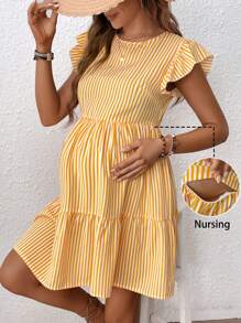 SHEIN 女士时尚条纹荷叶袖哺乳连衣裙，适合孕妇穿着 - 黃色 - 查看 1