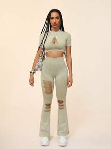 SHEIN Ladies' Solid Color Simple Daily Wear Hollow Out Short Sleeve Top And Long Pants Sports Set - Green - View 1
